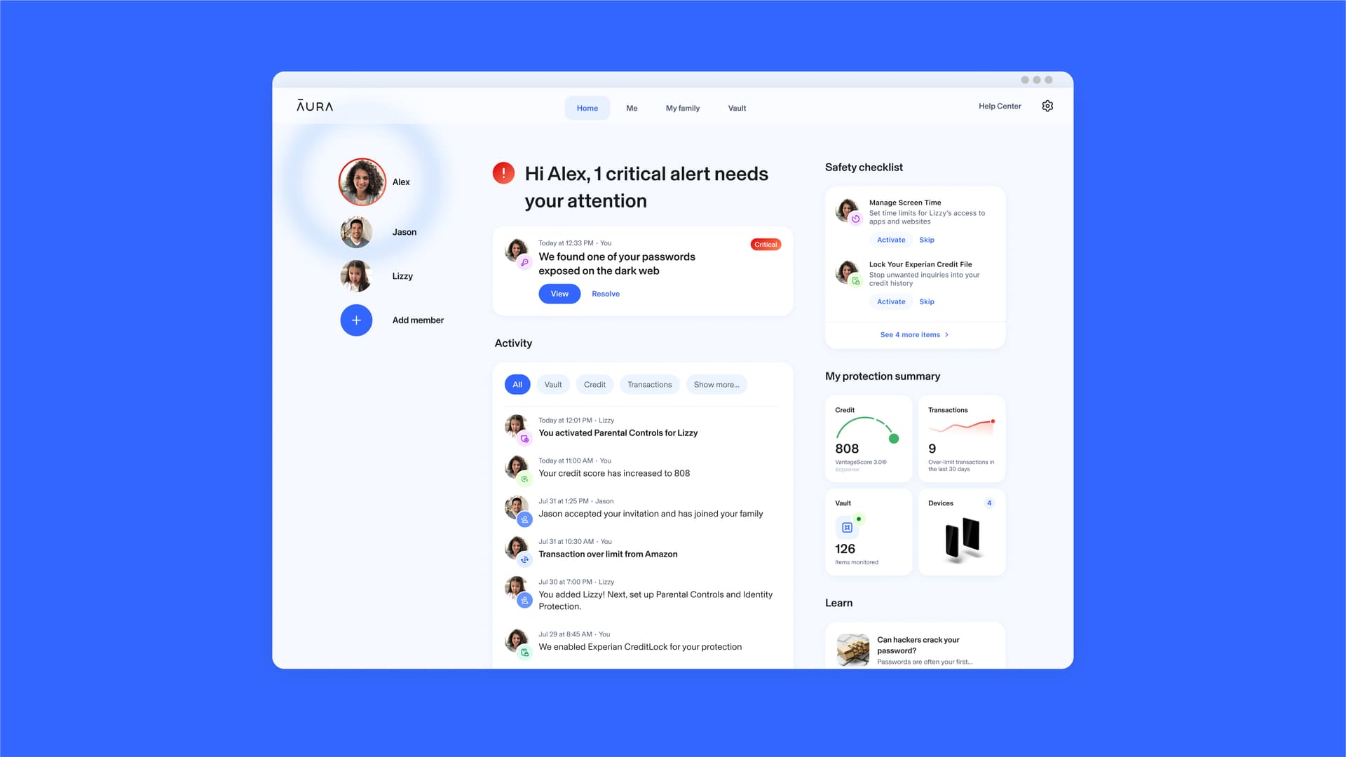 The Aura web dashboard showing identity, credit, and device monitoring status