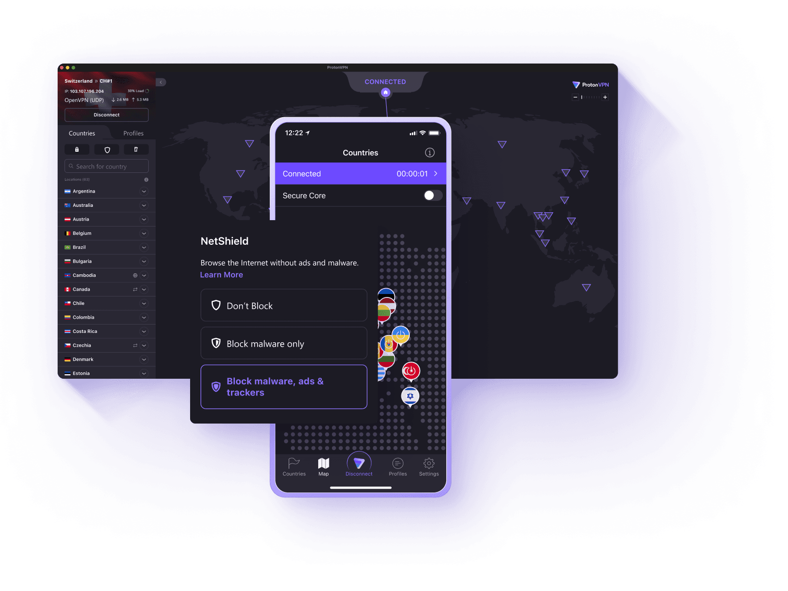 Proton VPN app connected to a Swiss server on desktop and mobile, showing NetShield and Secure Core