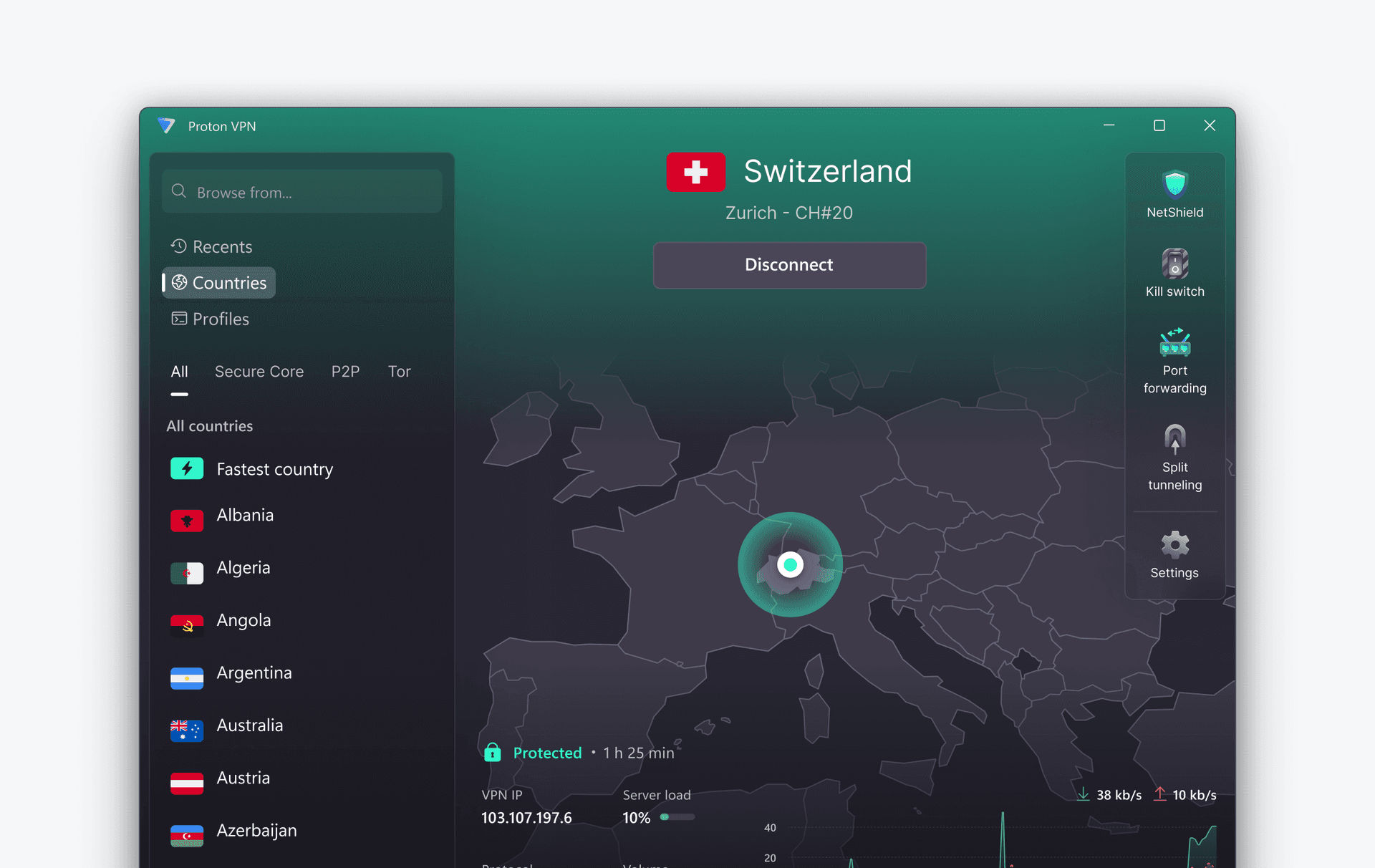 Proton VPN desktop app connected to a Swiss server, showing NetShield, Kill Switch, Port forwarding and Split tunneling