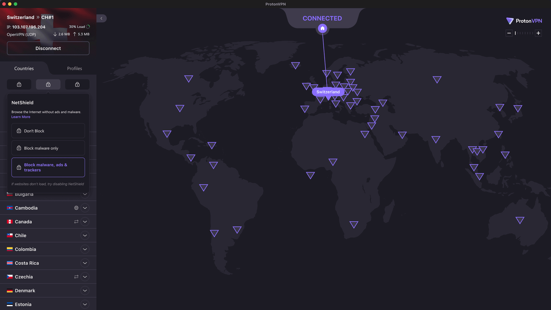 Proton VPN connected to Switzerland showing its global server network and NetShield blocking options