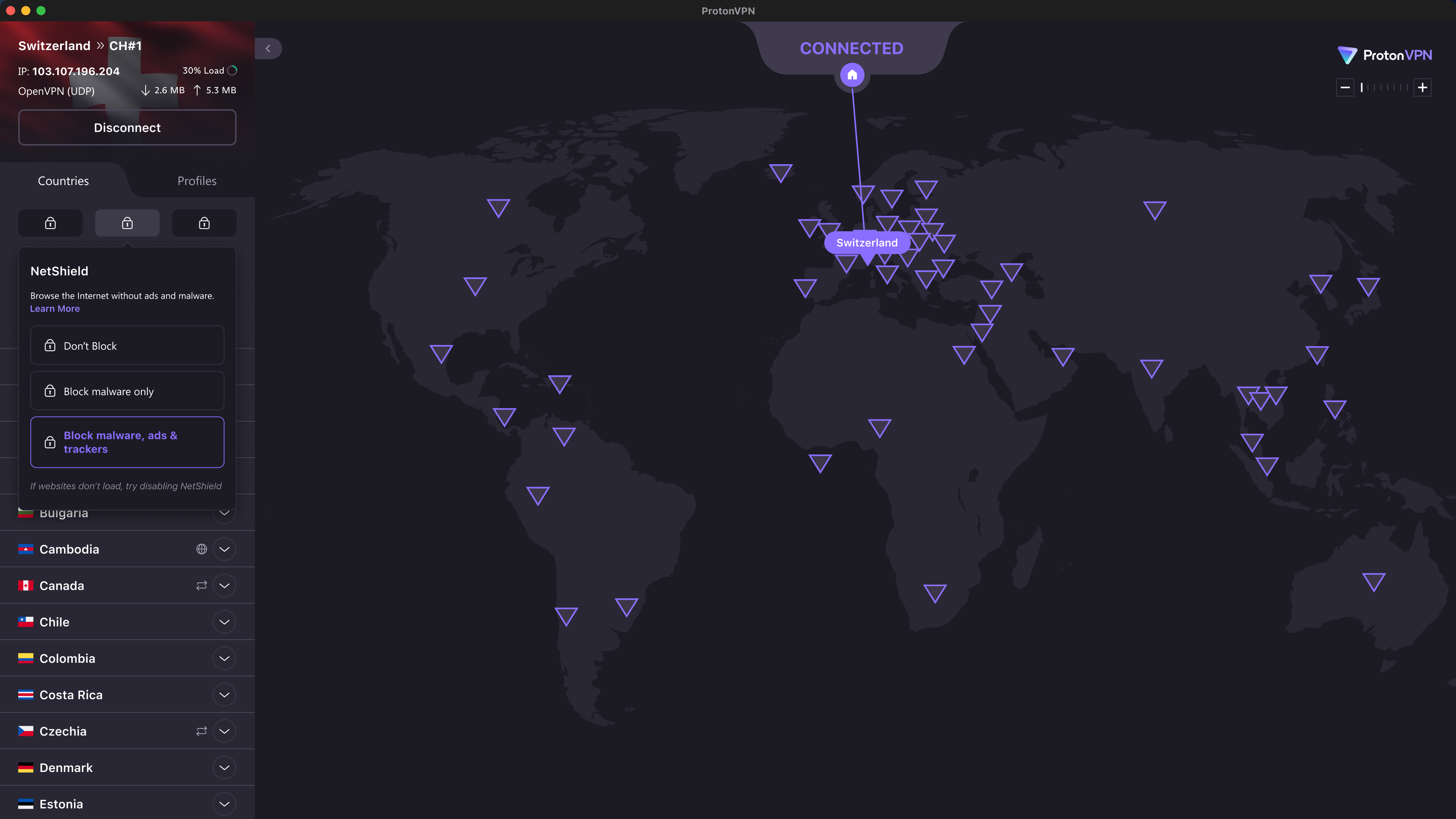 Proton VPN connected to a Swiss server, showing its global server network and NetShield ad, tracker and malware blocking options